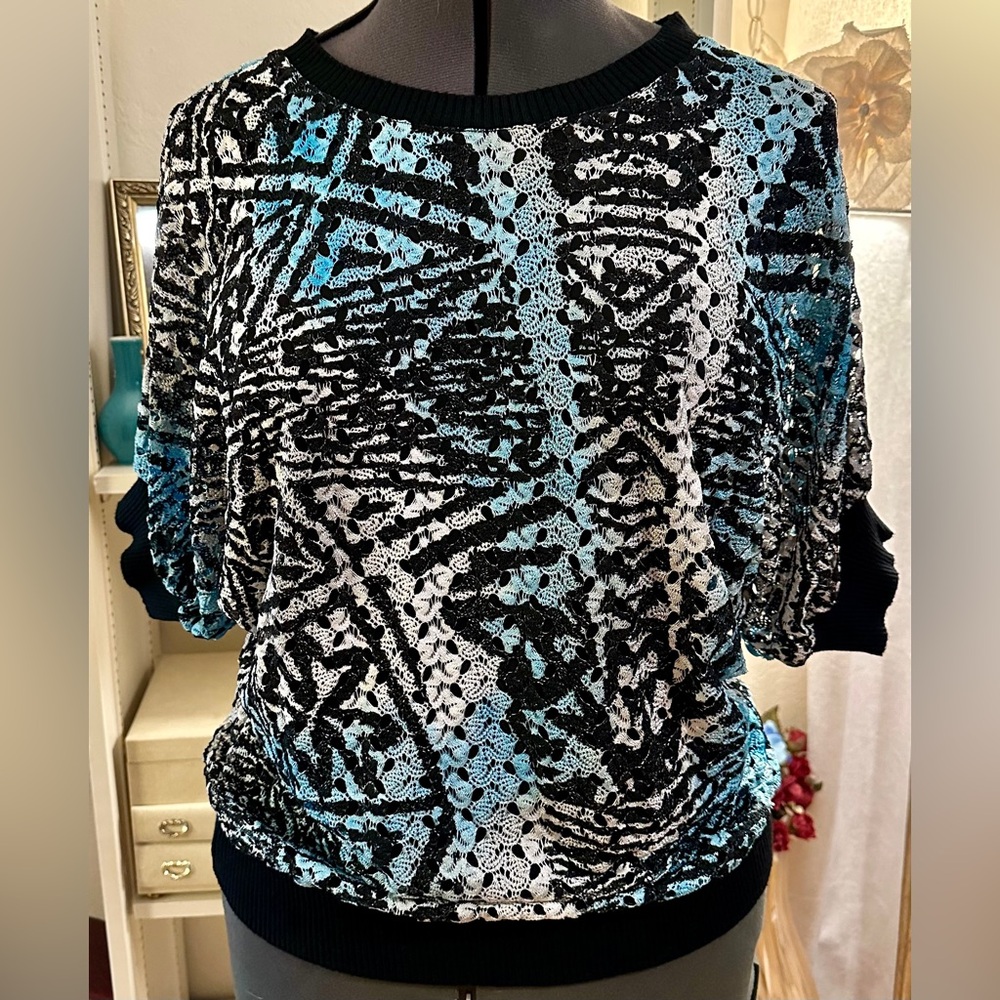 Alberto Makali Blue Black White Open Knit Short Sleeve Sweater Women's Sz XL